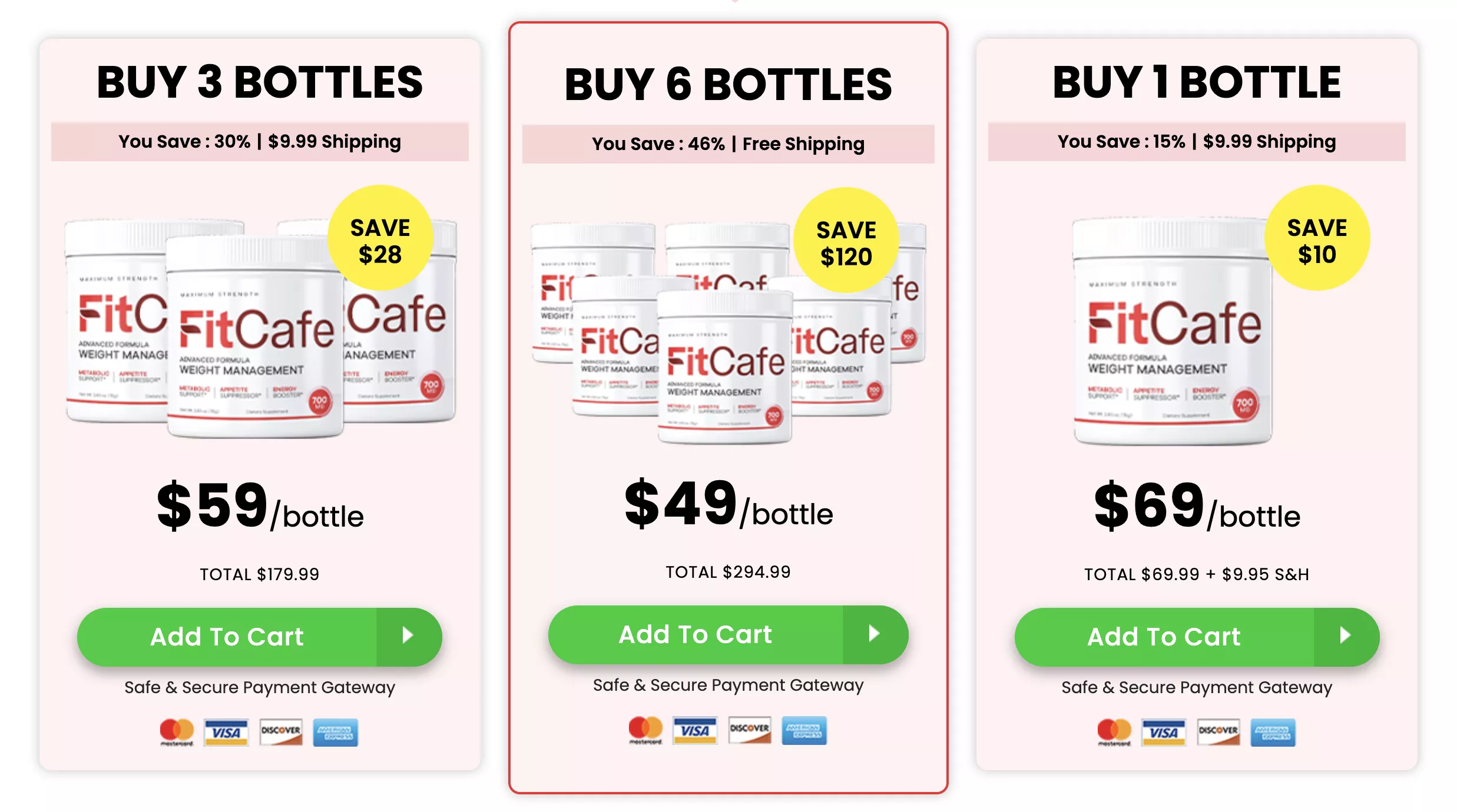 FitCafe Pricing Packages - Buy 3 Bottles $59/bottle, Buy 6 Bottles $49/bottle, Buy 1 Bottle $69/bottle